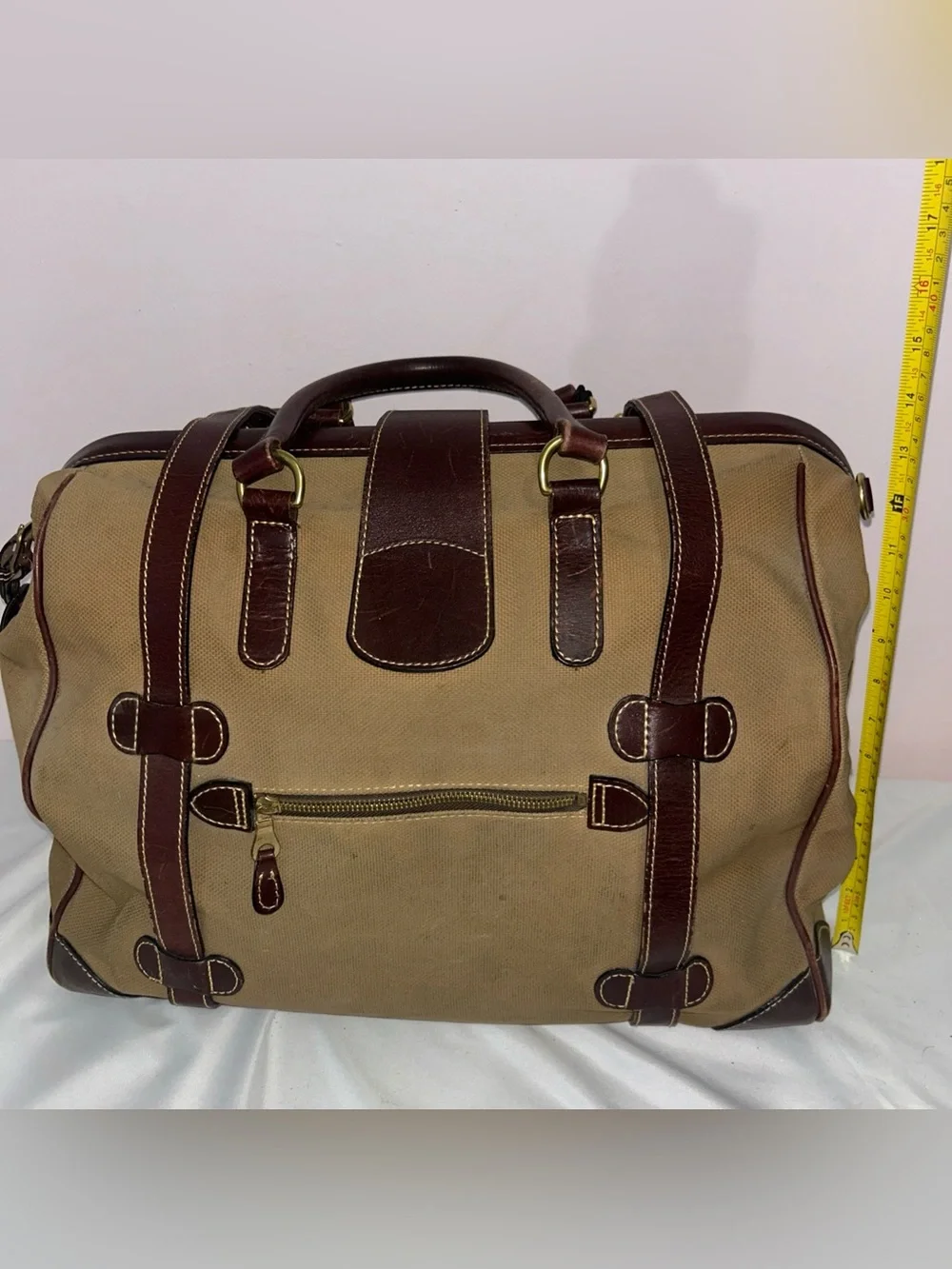 Mulholland Large Canvas Leather Duffle Weekender Bag Khaki Tan Vintage Lock READ